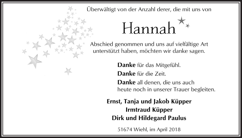  Traueranzeige für Hannah Küpper vom 18.04.2018 aus  Anzeigen Echo  Lokalanzeiger 