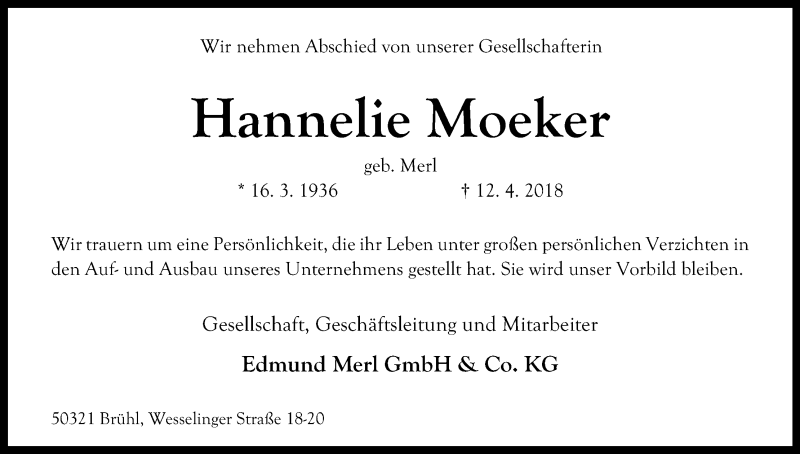  Traueranzeige für Hannelie Moeker vom 18.04.2018 aus Kölner Stadt-Anzeiger / Kölnische Rundschau / Express