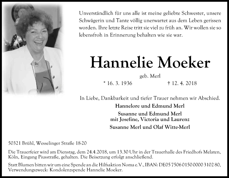  Traueranzeige für Hannelie Moeker vom 18.04.2018 aus Kölner Stadt-Anzeiger / Kölnische Rundschau / Express