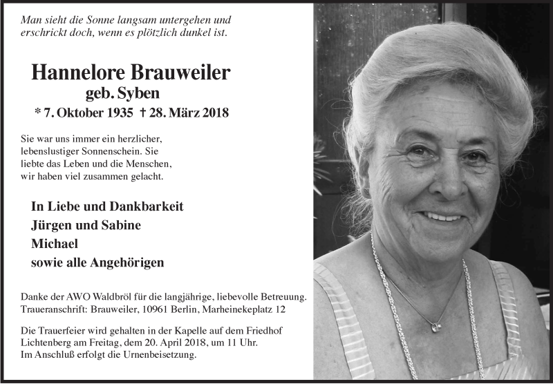  Traueranzeige für Hannelore Brauweiler vom 11.04.2018 aus  Lokalanzeiger 