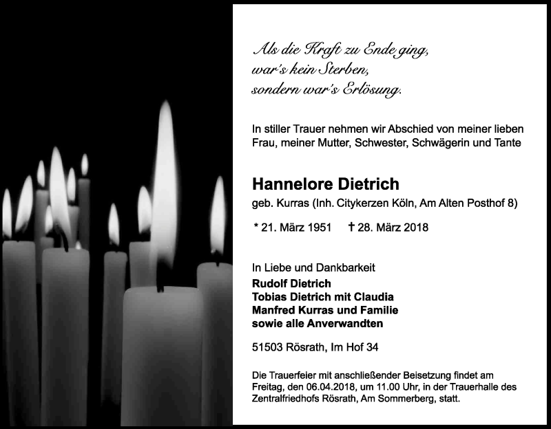 Traueranzeige für Hannelore Dietrich vom 04.04.2018 aus Kölner Stadt-Anzeiger / Kölnische Rundschau / Express