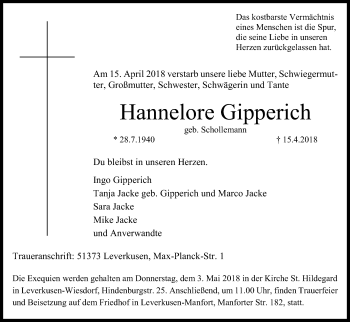 Anzeige von Hannelore Gipperich von Kölner Stadt-Anzeiger / Kölnische Rundschau / Express