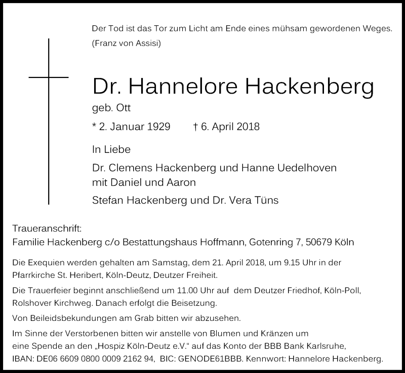  Traueranzeige für Hannelore Hackenberg vom 14.04.2018 aus Kölner Stadt-Anzeiger / Kölnische Rundschau / Express