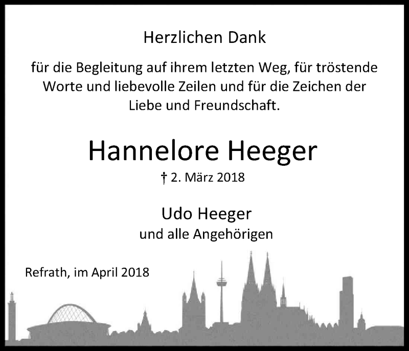  Traueranzeige für Hannelore Heeger vom 21.04.2018 aus Kölner Stadt-Anzeiger / Kölnische Rundschau / Express