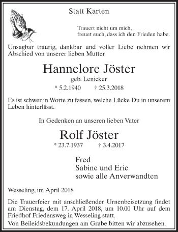 Anzeige von Hannelore Jöster von  Schlossbote/Werbekurier 