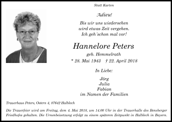Anzeige von Hannelore Peters von Kölner Stadt-Anzeiger / Kölnische Rundschau / Express