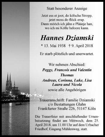 Anzeige von Hannes Dziamski von  Kölner Wochenspiegel 