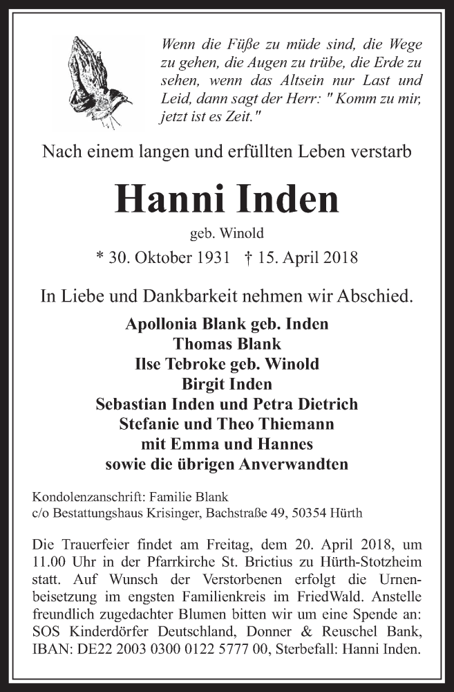  Traueranzeige für Hanni Inden vom 18.04.2018 aus  Wochenende 
