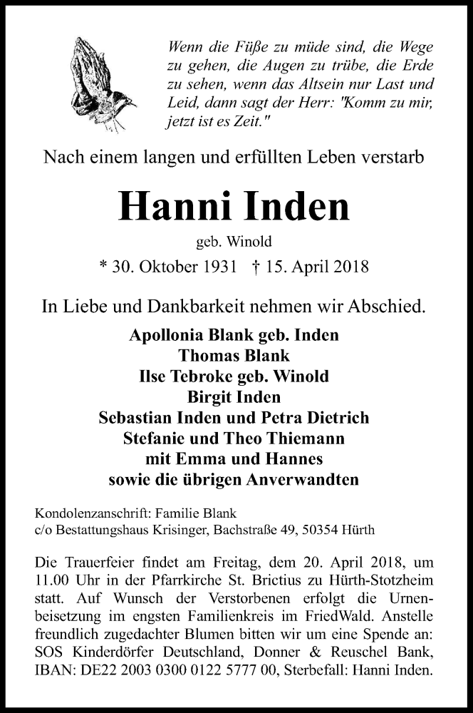  Traueranzeige für Hanni Inden vom 18.04.2018 aus Kölner Stadt-Anzeiger / Kölnische Rundschau / Express