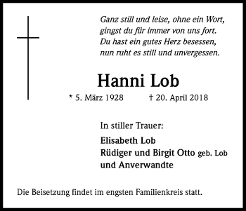 Anzeige von Hanni Lob von Kölner Stadt-Anzeiger / Kölnische Rundschau / Express
