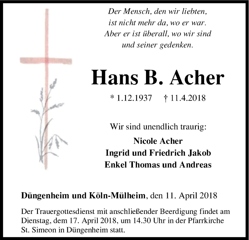  Traueranzeige für Hans Acher vom 16.04.2018 aus Kölner Stadt-Anzeiger / Kölnische Rundschau / Express