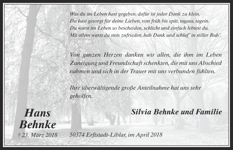  Traueranzeige für Hans Behnke vom 11.04.2018 aus  Werbepost 