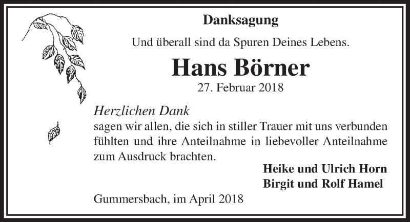  Traueranzeige für Hans Börner vom 04.04.2018 aus  Anzeigen Echo 
