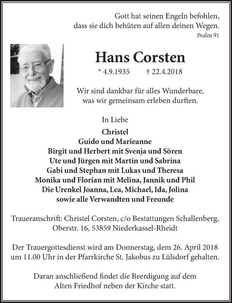  Traueranzeige für Hans Corsten vom 25.04.2018 aus  Extra Blatt 