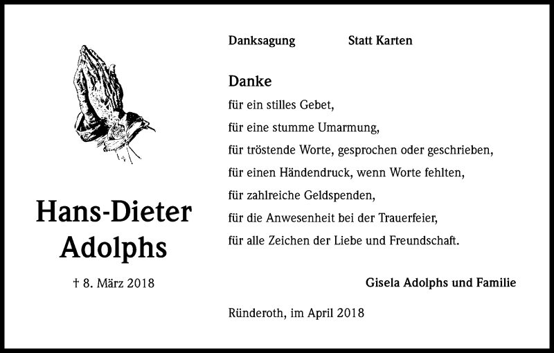  Traueranzeige für Hans-Dieter Adolphs vom 14.04.2018 aus Kölner Stadt-Anzeiger / Kölnische Rundschau / Express