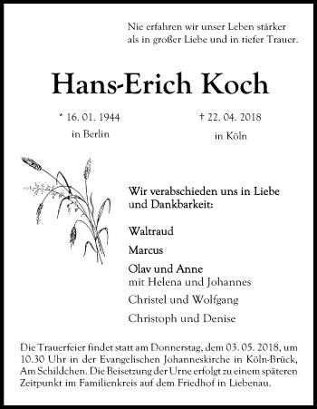 Anzeige von Hans-Erich Koch von Kölner Stadt-Anzeiger / Kölnische Rundschau / Express