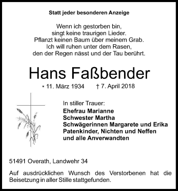 Anzeige von Hans Faßbender von Kölner Stadt-Anzeiger / Kölnische Rundschau / Express