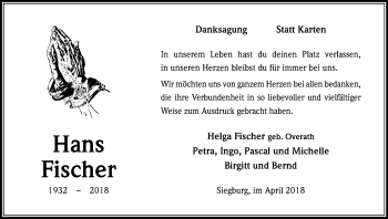 Anzeige von Hans Fischer von Kölner Stadt-Anzeiger / Kölnische Rundschau / Express