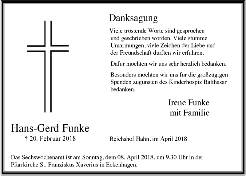  Traueranzeige für Hans-Gerd Funke vom 04.04.2018 aus  Anzeigen Echo  Lokalanzeiger 