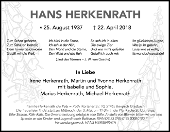 Anzeige von Hans Herkenrath von Kölner Stadt-Anzeiger / Kölnische Rundschau / Express