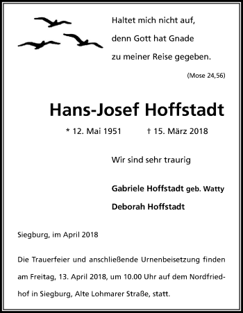 Anzeige von Hans-Josef Hoffstadt von Kölner Stadt-Anzeiger / Kölnische Rundschau / Express