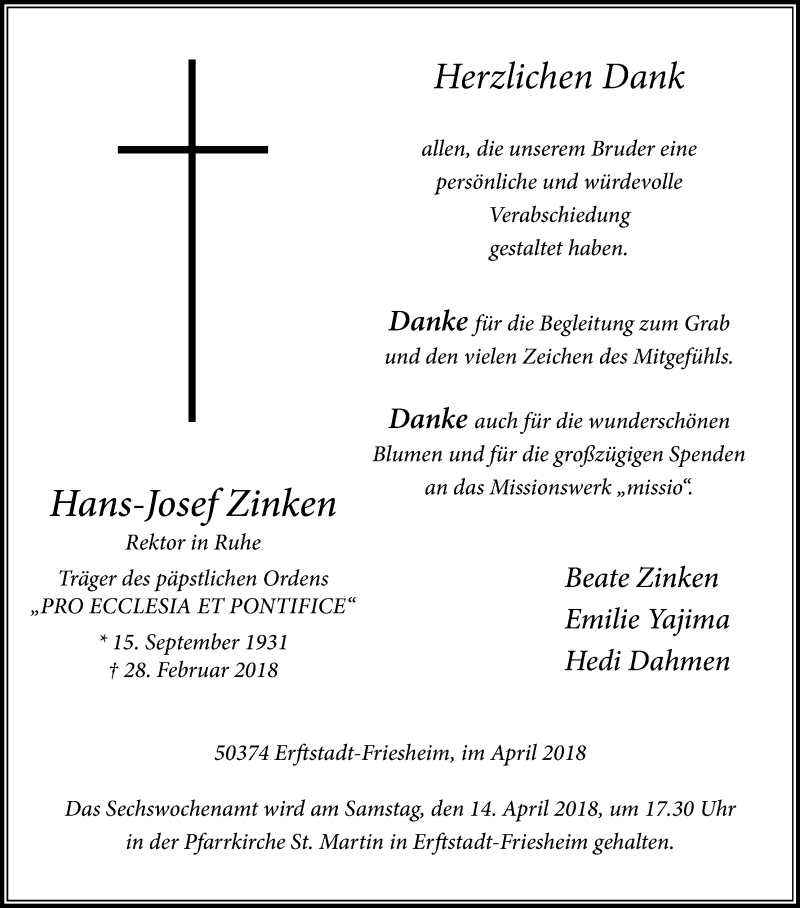  Traueranzeige für Hans-Josef Zinken vom 07.04.2018 aus Kölner Stadt-Anzeiger / Kölnische Rundschau / Express