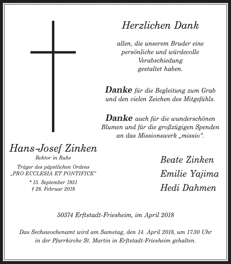  Traueranzeige für Hans-Josef Zinken vom 07.04.2018 aus  Werbepost 