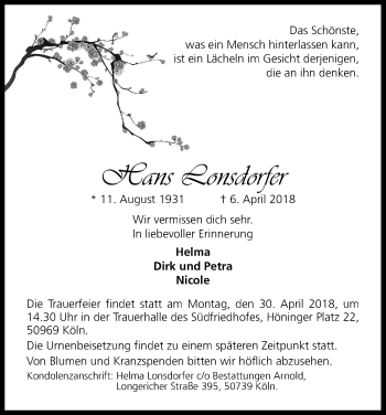 Anzeige von Hans Lonsdorfer von Kölner Stadt-Anzeiger / Kölnische Rundschau / Express