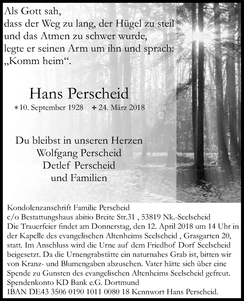  Traueranzeige für Hans Perscheid vom 07.04.2018 aus Kölner Stadt-Anzeiger / Kölnische Rundschau / Express