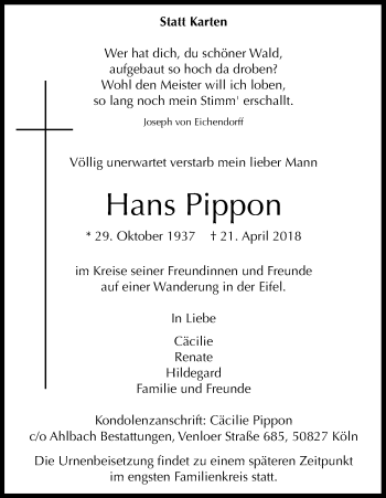 Anzeige von Hans Pippon von Kölner Stadt-Anzeiger / Kölnische Rundschau / Express