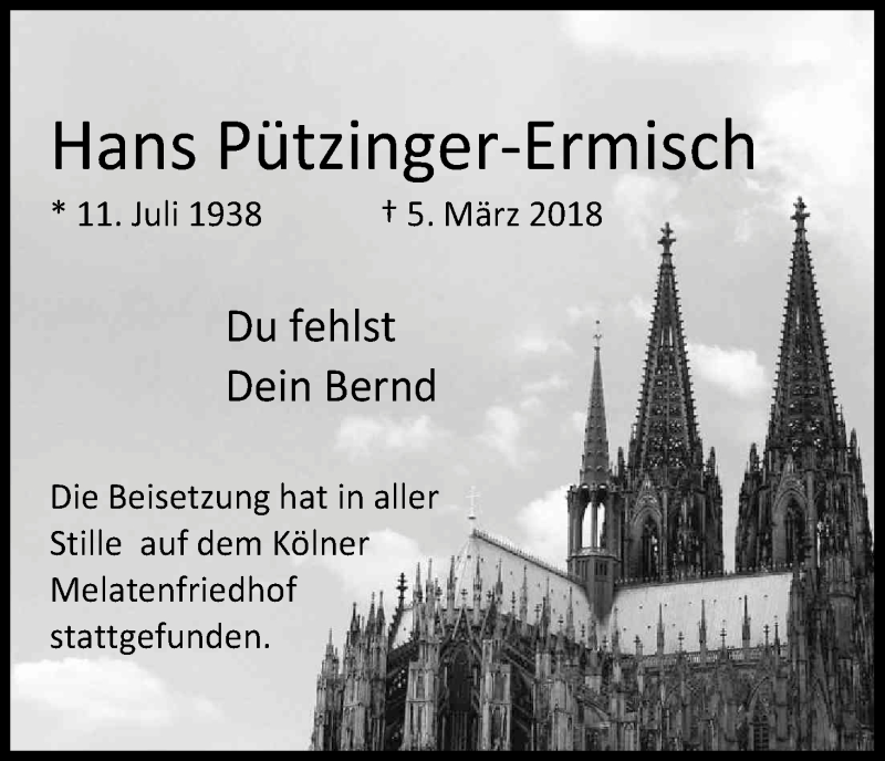  Traueranzeige für Hans Pützinger-Ermisch vom 21.04.2018 aus Kölner Stadt-Anzeiger / Kölnische Rundschau / Express