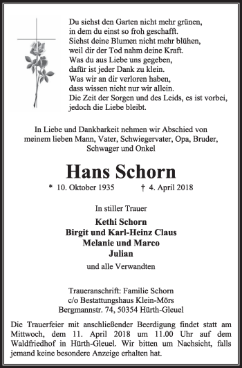 Anzeige von Hans Schorn von  Sonntags-Post 