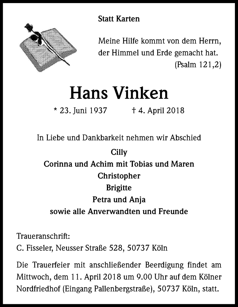  Traueranzeige für Hans Vinken vom 10.04.2018 aus Kölner Stadt-Anzeiger / Kölnische Rundschau / Express
