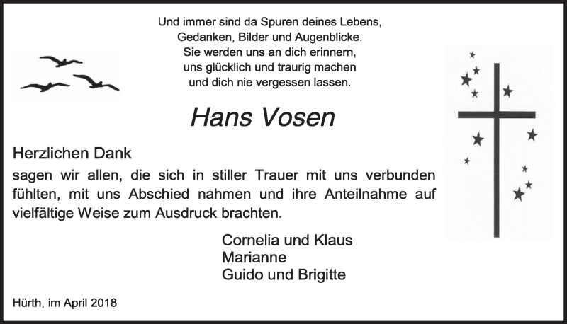  Traueranzeige für Hans Vosen vom 25.04.2018 aus  Wochenende 