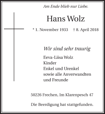 Anzeige von Hans Wolz von  Sonntags-Post 