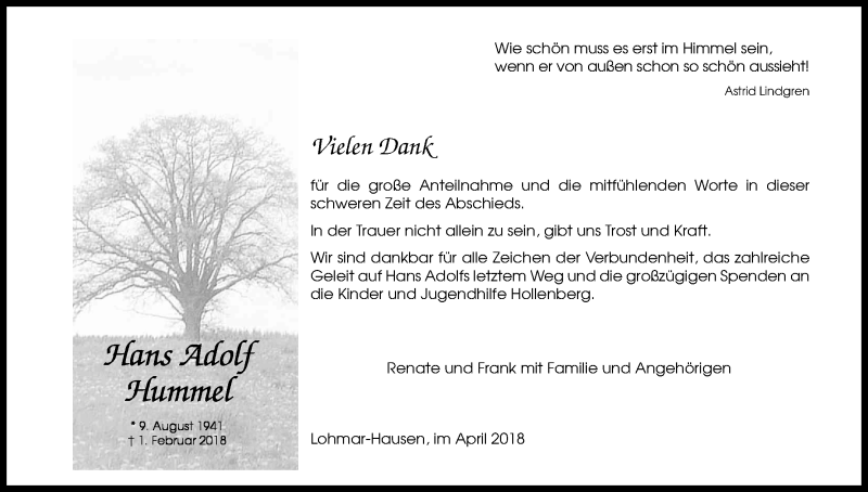  Traueranzeige für Hans Adolf Hummel vom 07.04.2018 aus Kölner Stadt-Anzeiger / Kölnische Rundschau / Express