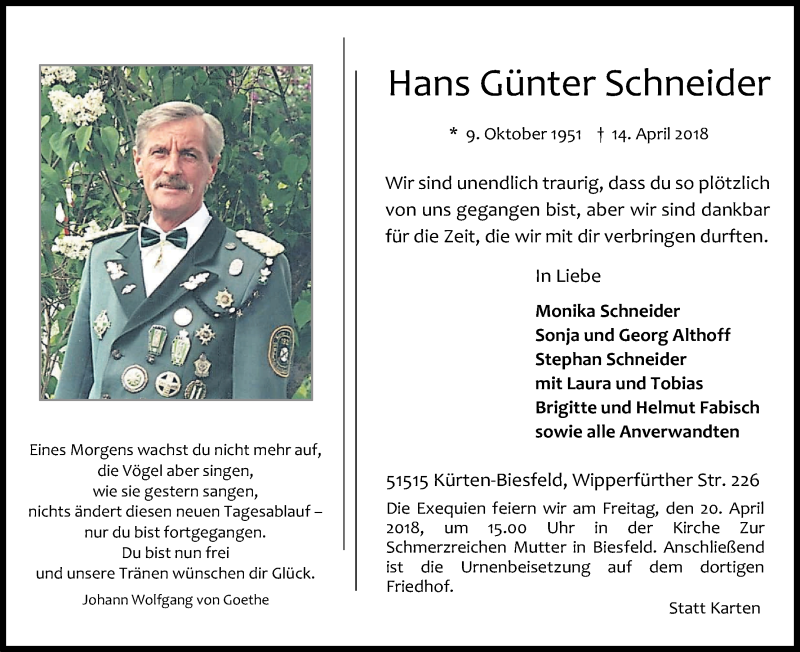  Traueranzeige für Hans Günter Schneider vom 18.04.2018 aus Kölner Stadt-Anzeiger / Kölnische Rundschau / Express