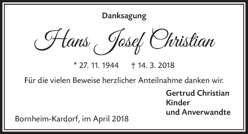  Traueranzeige für Hans Josef Christian vom 25.04.2018 aus  Schlossbote/Werbekurier 