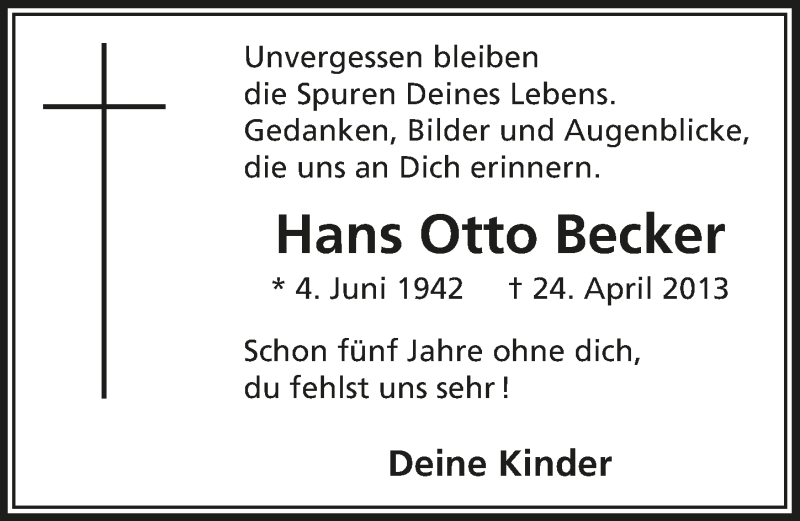  Traueranzeige für Hans Otto Becker vom 25.04.2018 aus  Lokalanzeiger 