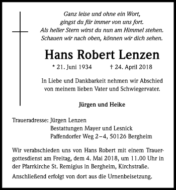 Anzeige von Hans Robert Lenzen von Kölner Stadt-Anzeiger / Kölnische Rundschau / Express
