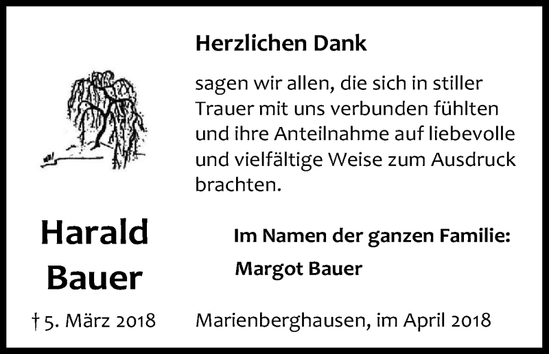  Traueranzeige für Harald Bauer vom 21.04.2018 aus Kölner Stadt-Anzeiger / Kölnische Rundschau / Express