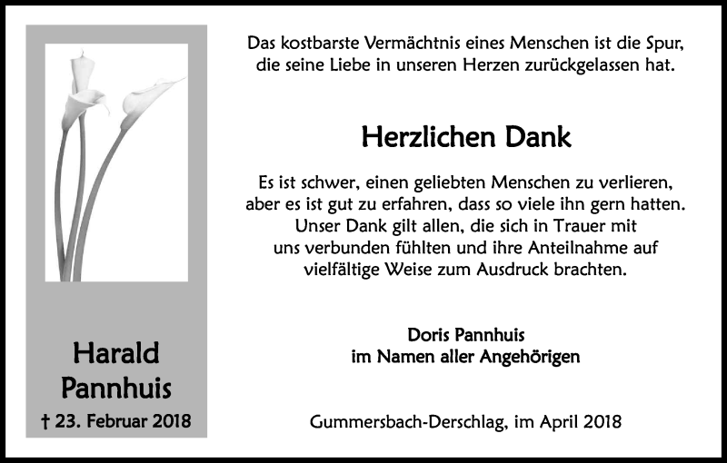  Traueranzeige für Harald Pannhuis vom 07.04.2018 aus Kölner Stadt-Anzeiger / Kölnische Rundschau / Express