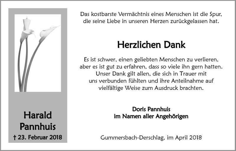  Traueranzeige für Harald Pannhuis vom 11.04.2018 aus  Anzeigen Echo 