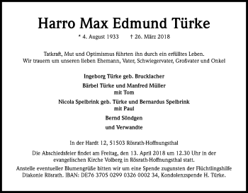 Anzeige von Harro Max Edmund Türke von Kölner Stadt-Anzeiger / Kölnische Rundschau / Express