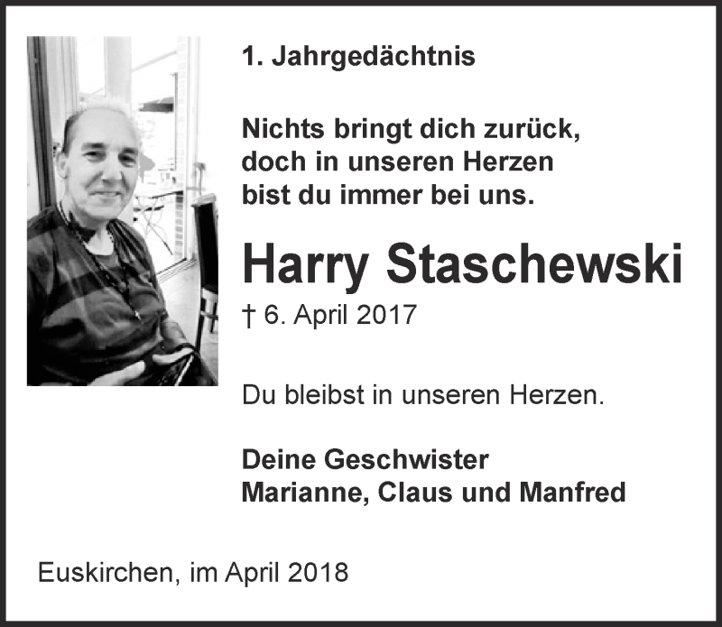  Traueranzeige für Harry Staschewski vom 07.04.2018 aus  Blickpunkt Euskirchen 