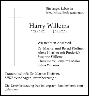 Anzeige von Harry Willems von Kölner Stadt-Anzeiger / Kölnische Rundschau / Express