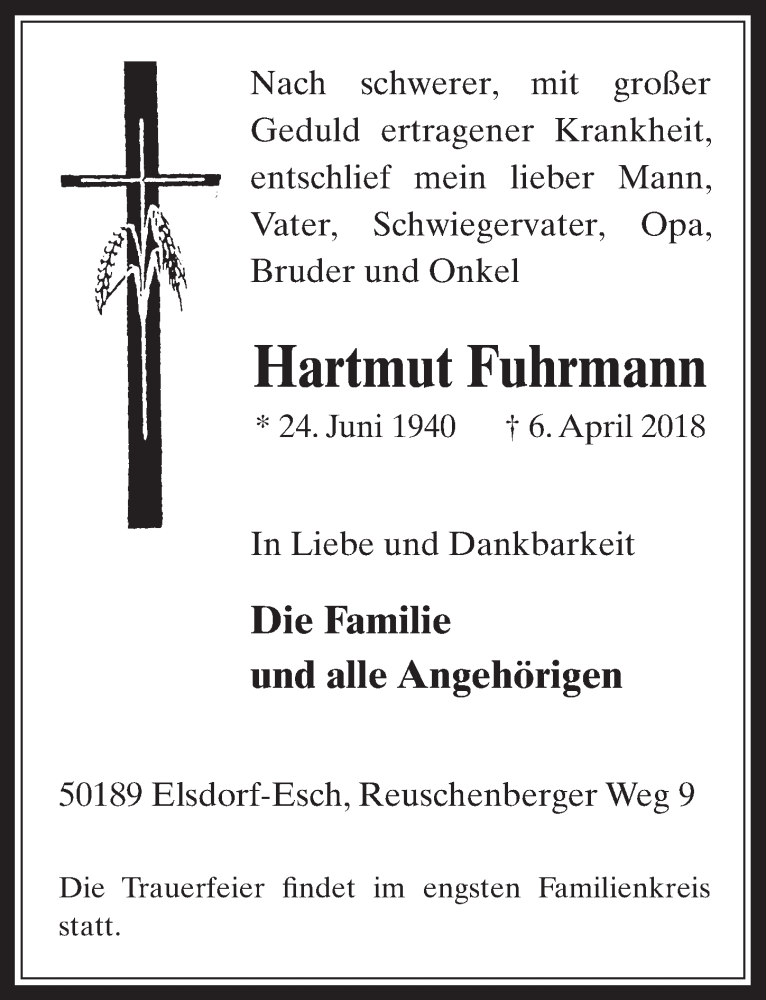  Traueranzeige für Hartmut Fuhrmann vom 25.04.2018 aus  Wochenende 
