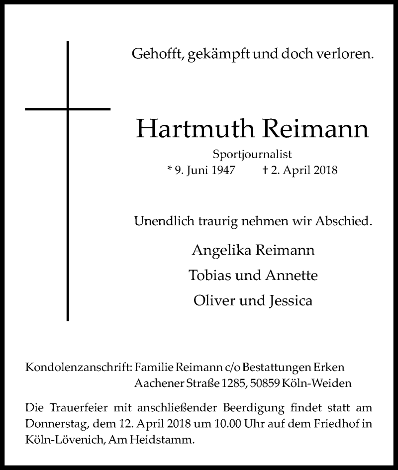  Traueranzeige für Hartmuth Reimann vom 07.04.2018 aus Kölner Stadt-Anzeiger / Kölnische Rundschau / Express