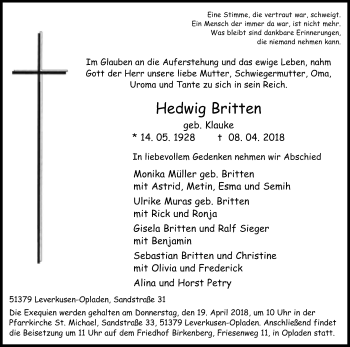 Anzeige von Hedwig Britten von Kölner Stadt-Anzeiger / Kölnische Rundschau / Express