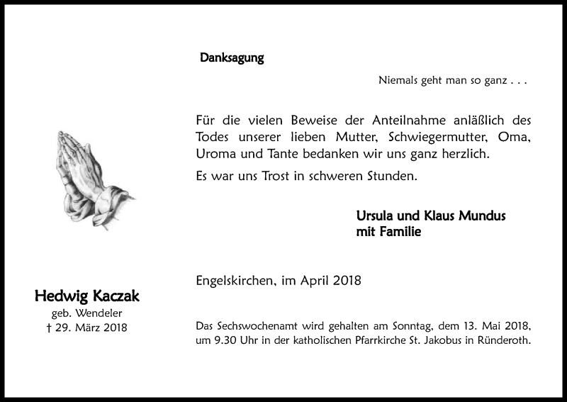  Traueranzeige für Hedwig Kaczak vom 30.04.2018 aus Kölner Stadt-Anzeiger / Kölnische Rundschau / Express